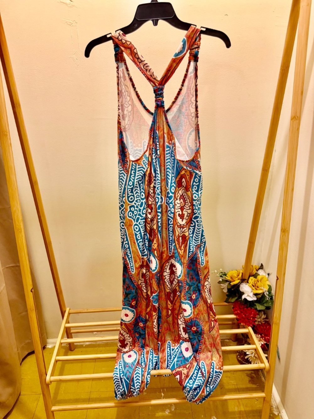 Boho Tribal Paisley Harem Jumpsuit Romper Elastic Ankle Size Large - Picture 5 of 10